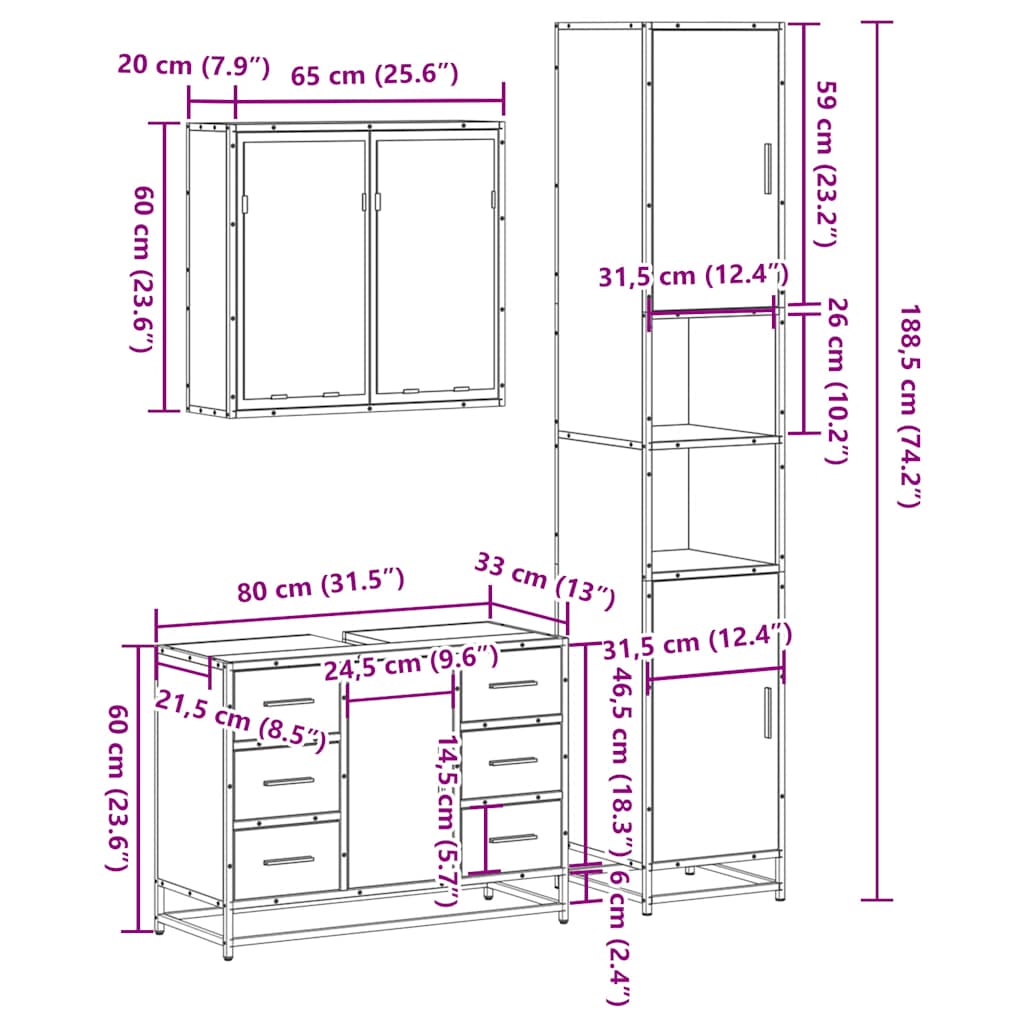 3-delige Badkamermeubelset bewerkt hout sonoma eikenkleurig is nu te koop bij PeponiXL, paradijselijk wonen!