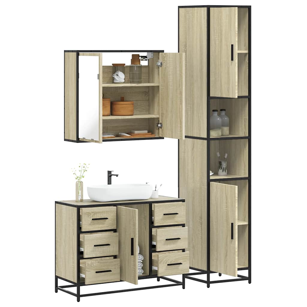 3-delige Badkamermeubelset bewerkt hout sonoma eikenkleurig is nu te koop bij PeponiXL, paradijselijk wonen!