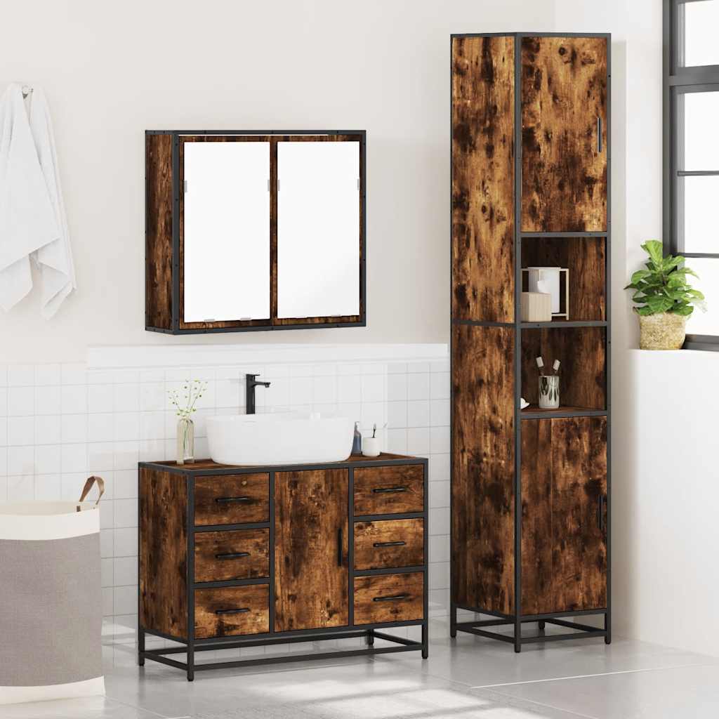 3-delige Badkamermeubelset bewerkt hout gerookt eikenkleurig is nu te koop bij PeponiXL, paradijselijk wonen!