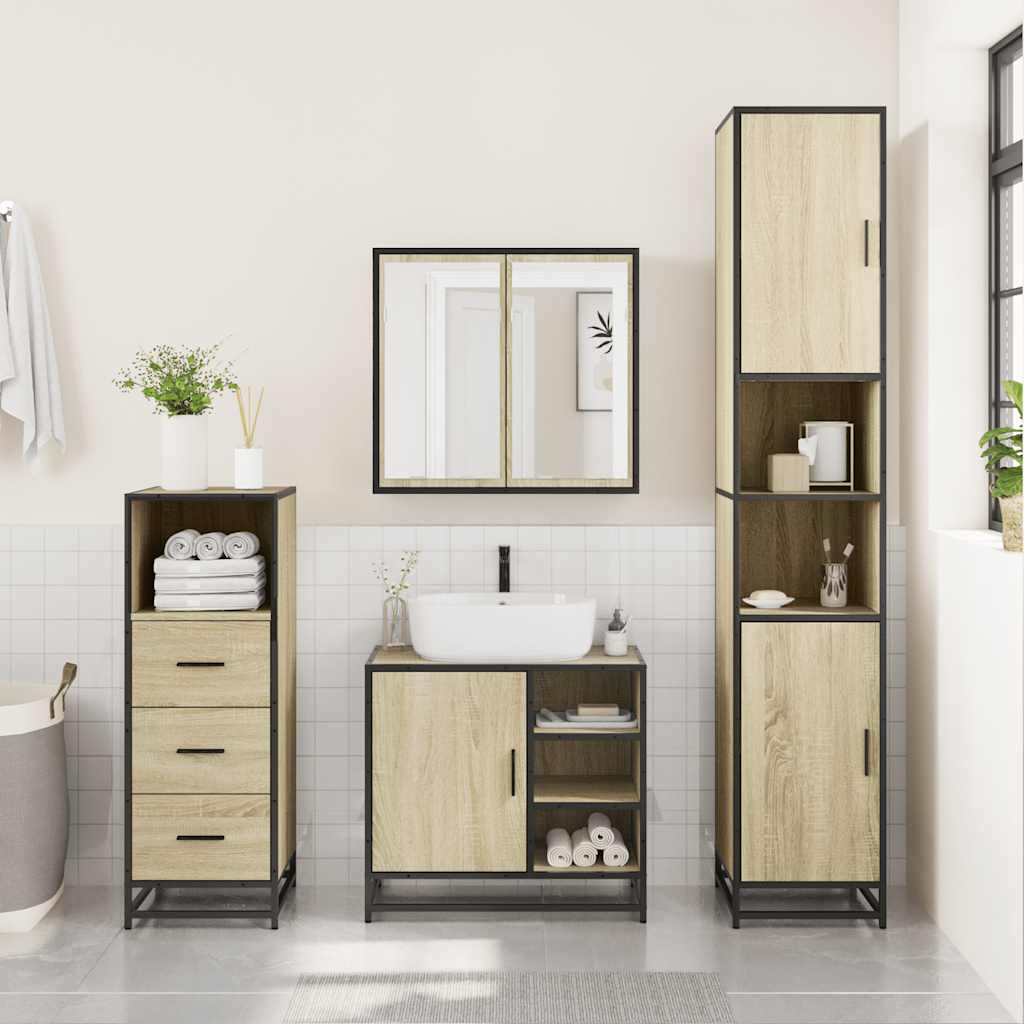 3-delige Badkamermeubelset bewerkt hout sonoma eikenkleurig is nu te koop bij PeponiXL, paradijselijk wonen!