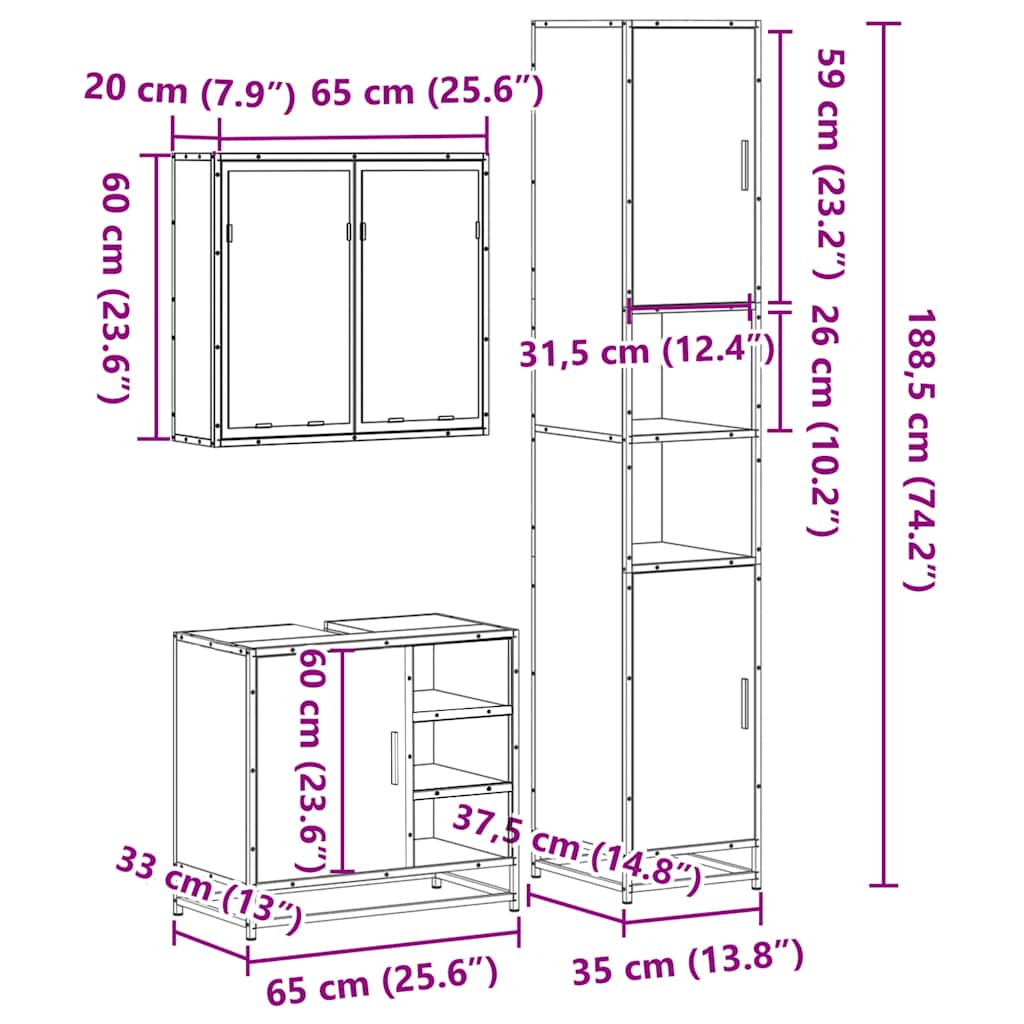 3-delige Badkamermeubelset bewerkt hout sonoma eikenkleurig is nu te koop bij PeponiXL, paradijselijk wonen!