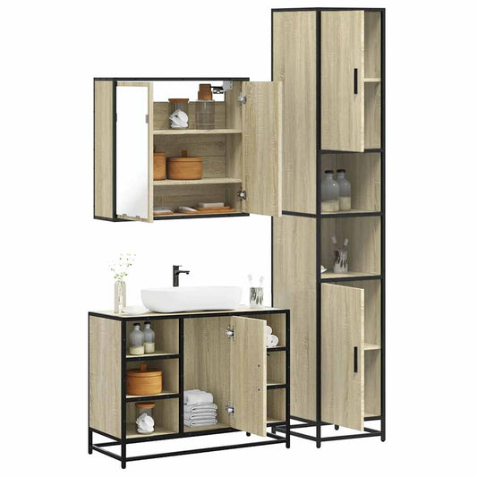 3-delige Badkamermeubelset bewerkt hout sonoma eikenkleurig is nu te koop bij PeponiXL, paradijselijk wonen!