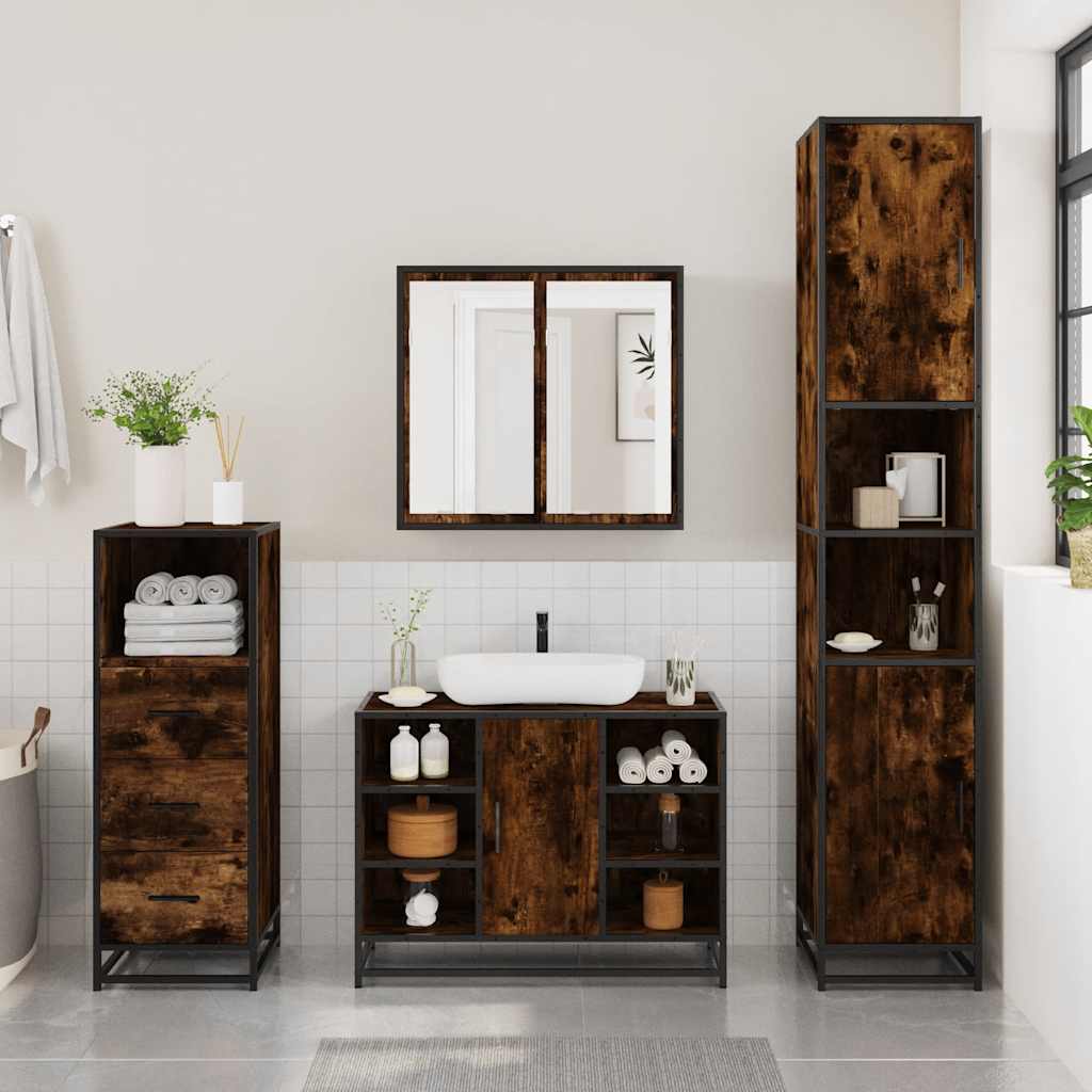 3-delige Badkamermeubelset bewerkt hout gerookt eikenkleurig is nu te koop bij PeponiXL, paradijselijk wonen!