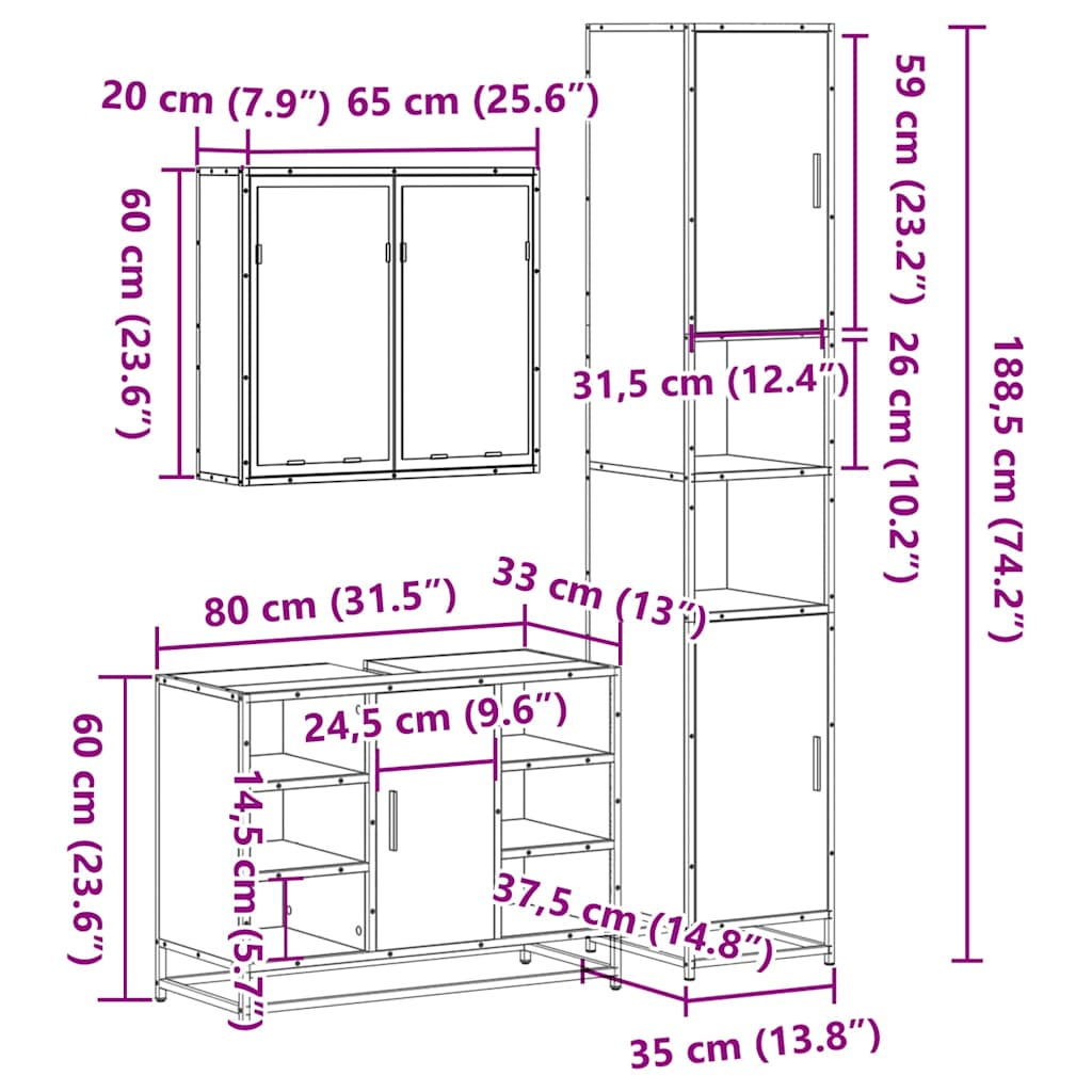 3-delige Badkamermeubelset bewerkt hout gerookt eikenkleurig is nu te koop bij PeponiXL, paradijselijk wonen!