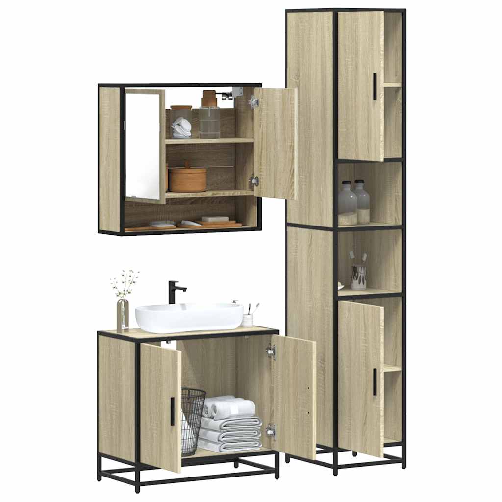 3-delige Badkamermeubelset bewerkt hout sonoma eikenkleurig is nu te koop bij PeponiXL, paradijselijk wonen!