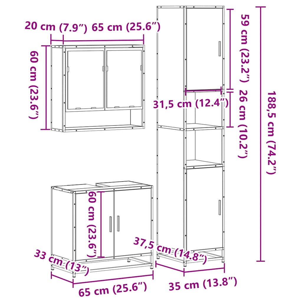 3-delige Badkamermeubelset bewerkt hout gerookt eikenkleurig is nu te koop bij PeponiXL, paradijselijk wonen!
