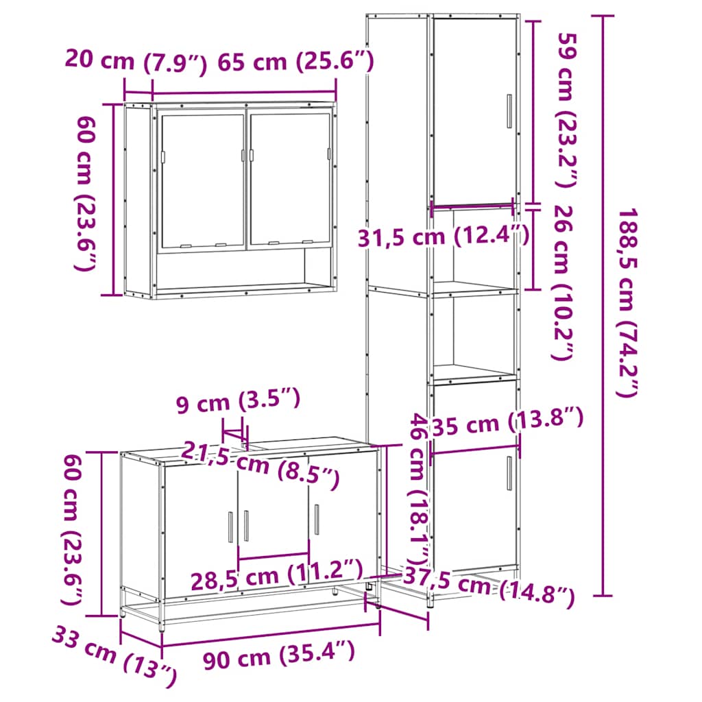 3-delige Badkamermeubelset bewerkt hout sonoma eikenkleurig is nu te koop bij PeponiXL, paradijselijk wonen!