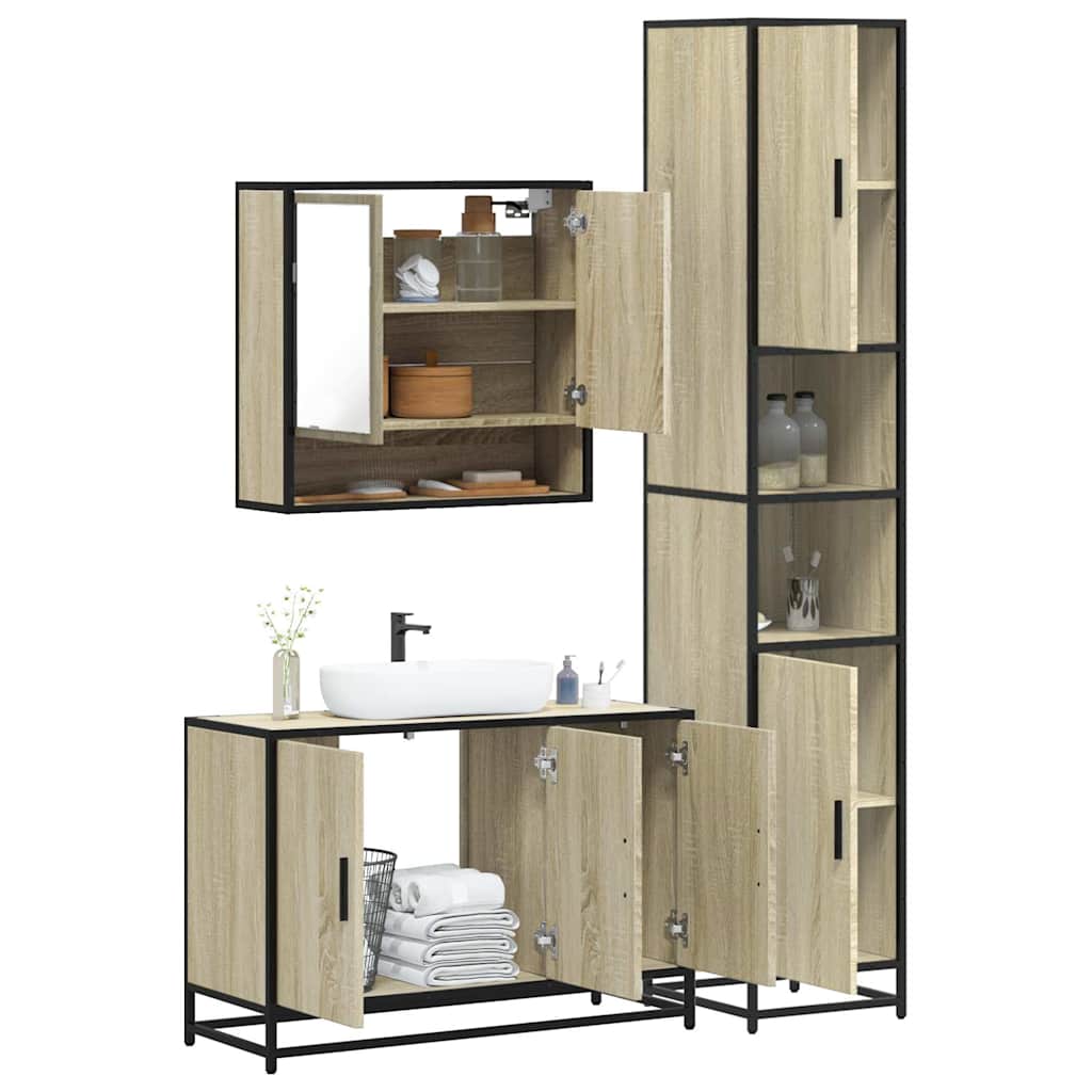 3-delige Badkamermeubelset bewerkt hout sonoma eikenkleurig is nu te koop bij PeponiXL, paradijselijk wonen!