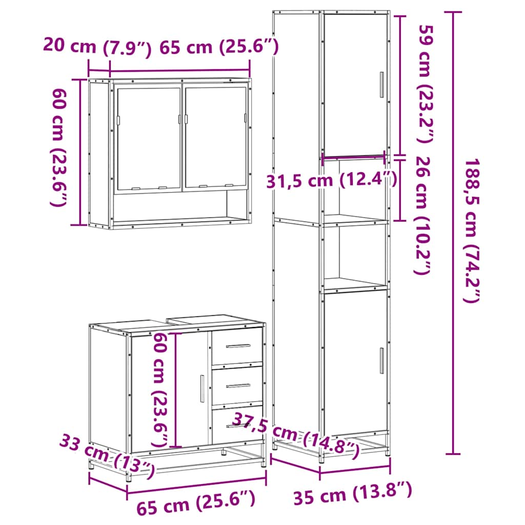 3-delige Badkamermeubelset bewerkt hout sonoma eikenkleurig is nu te koop bij PeponiXL, paradijselijk wonen!