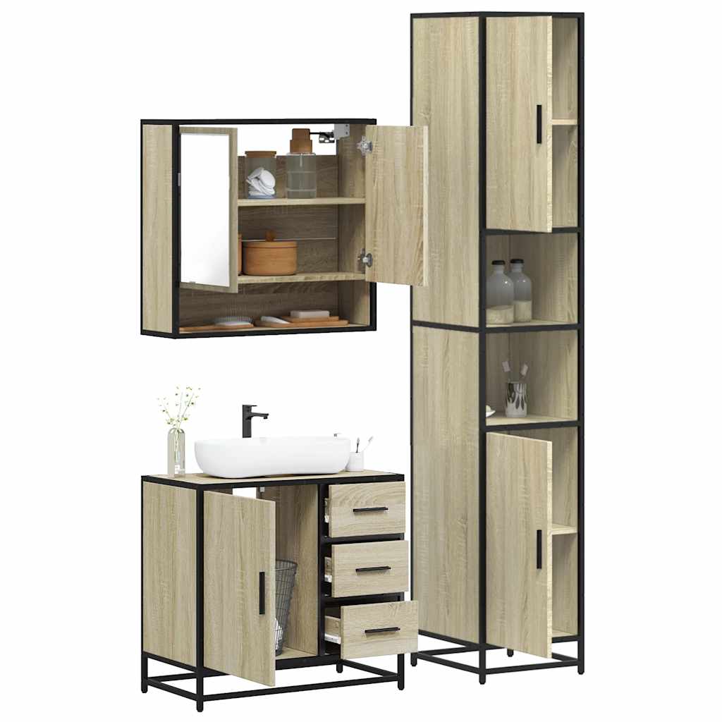 3-delige Badkamermeubelset bewerkt hout sonoma eikenkleurig is nu te koop bij PeponiXL, paradijselijk wonen!