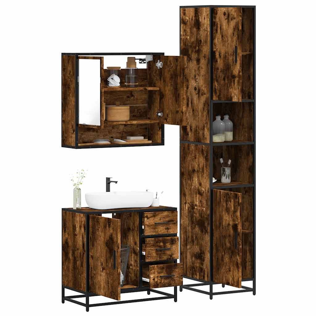 3-delige Badkamermeubelset bewerkt hout gerookt eikenkleurig is nu te koop bij PeponiXL, paradijselijk wonen!