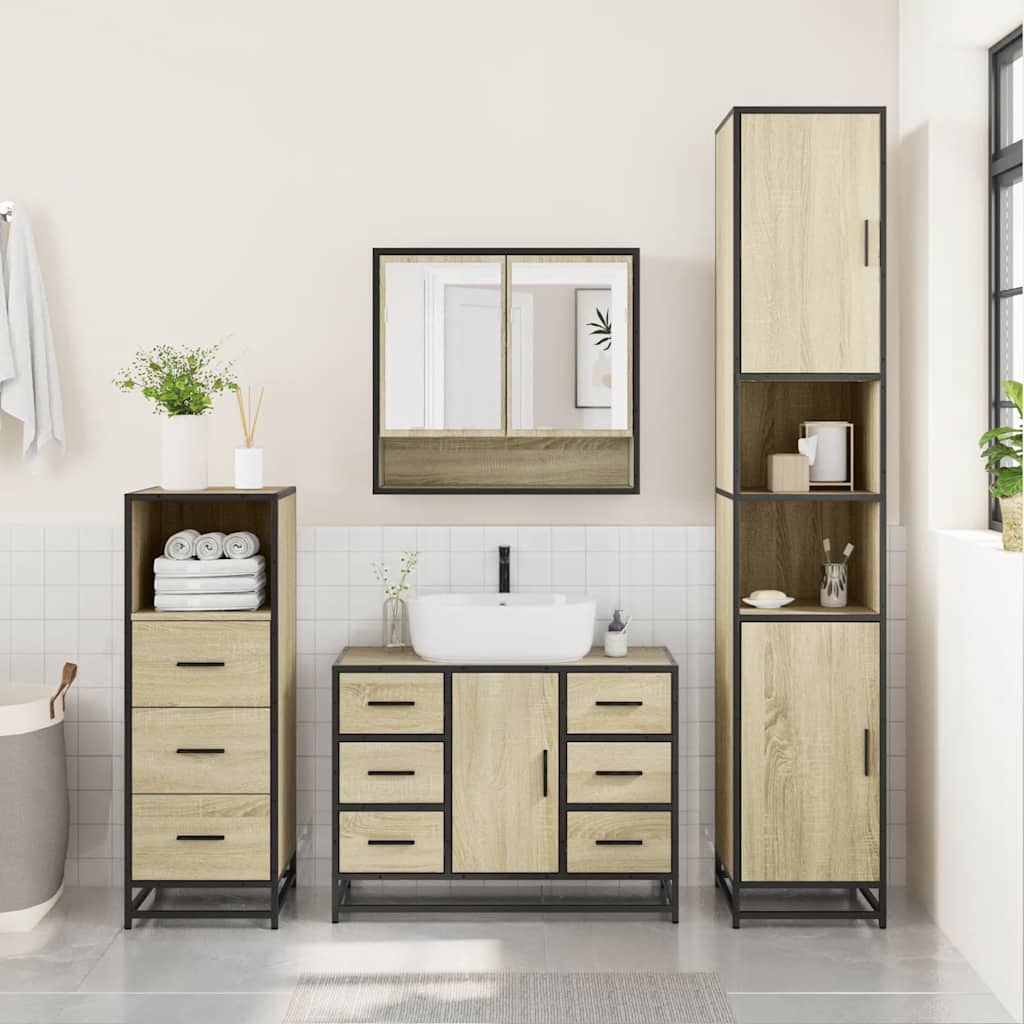 3-delige Badkamermeubelset bewerkt hout sonoma eikenkleurig is nu te koop bij PeponiXL, paradijselijk wonen!