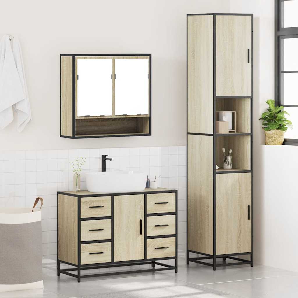3-delige Badkamermeubelset bewerkt hout sonoma eikenkleurig is nu te koop bij PeponiXL, paradijselijk wonen!