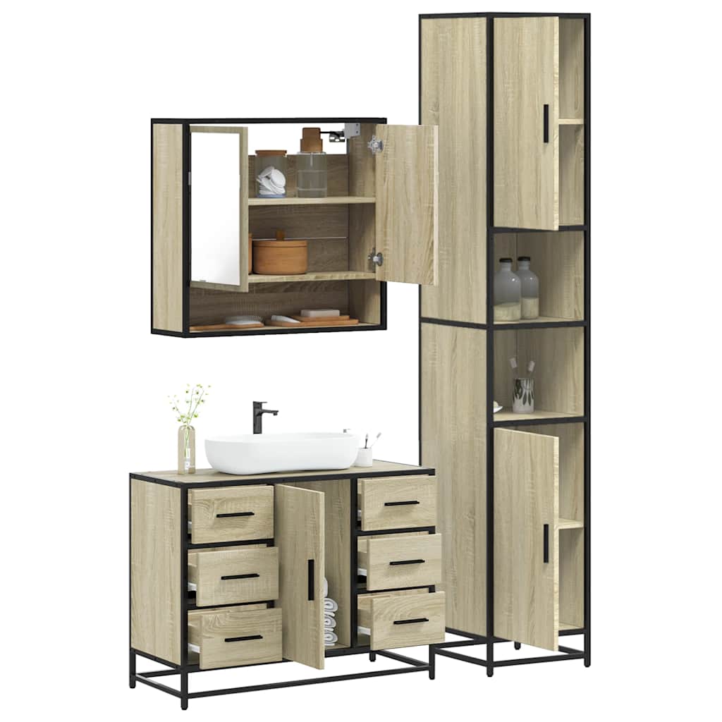 3-delige Badkamermeubelset bewerkt hout sonoma eikenkleurig is nu te koop bij PeponiXL, paradijselijk wonen!