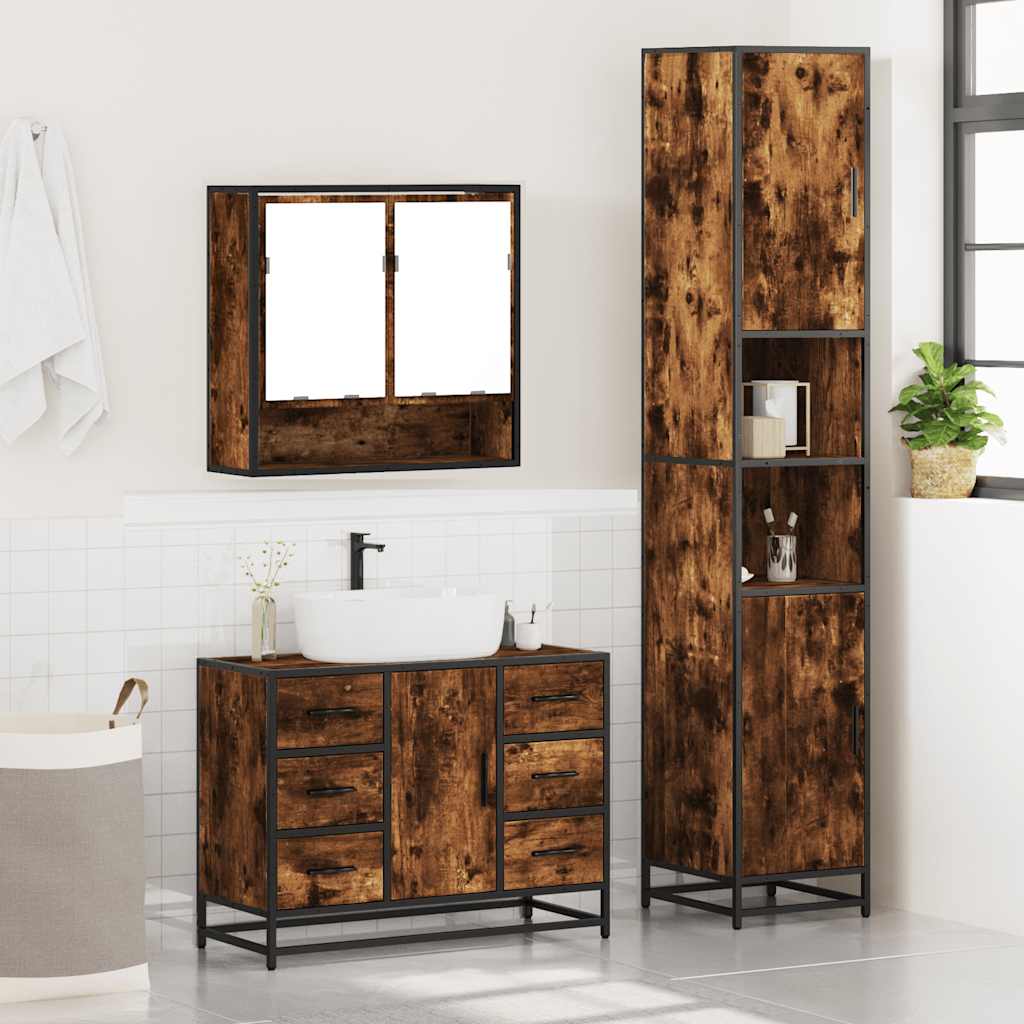 3-delige Badkamermeubelset bewerkt hout gerookt eikenkleurig is nu te koop bij PeponiXL, paradijselijk wonen!