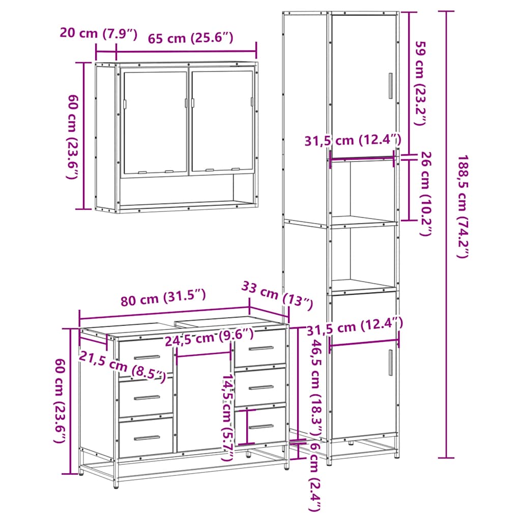 3-delige Badkamermeubelset bewerkt hout gerookt eikenkleurig is nu te koop bij PeponiXL, paradijselijk wonen!