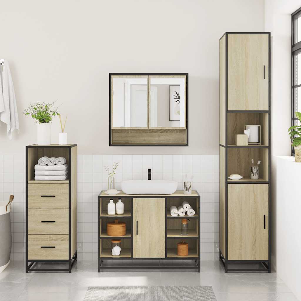 3-delige Badkamermeubelset bewerkt hout sonoma eikenkleurig is nu te koop bij PeponiXL, paradijselijk wonen!