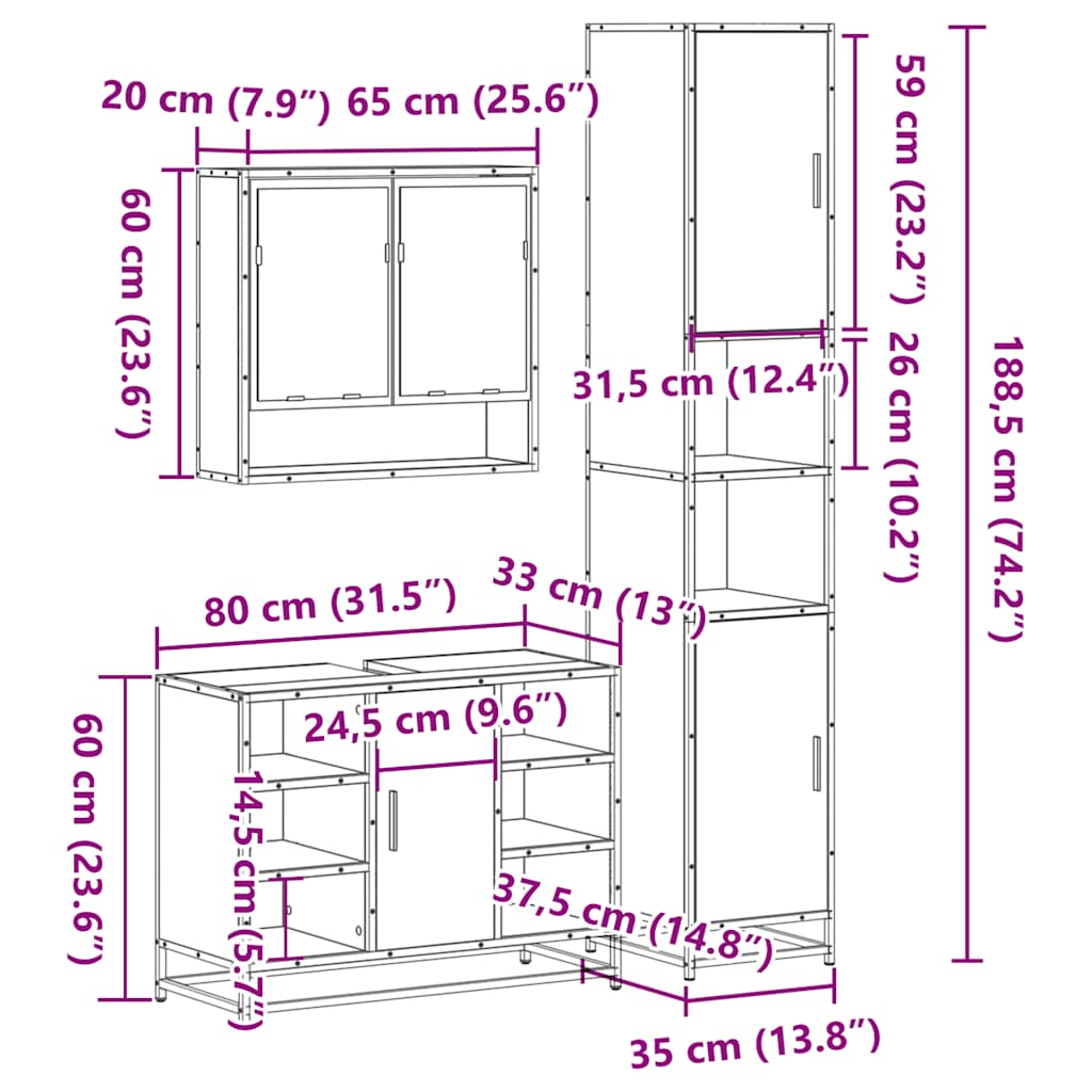 3-delige Badkamermeubelset bewerkt hout sonoma eikenkleurig is nu te koop bij PeponiXL, paradijselijk wonen!
