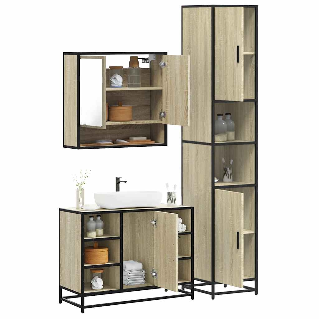 3-delige Badkamermeubelset bewerkt hout sonoma eikenkleurig is nu te koop bij PeponiXL, paradijselijk wonen!