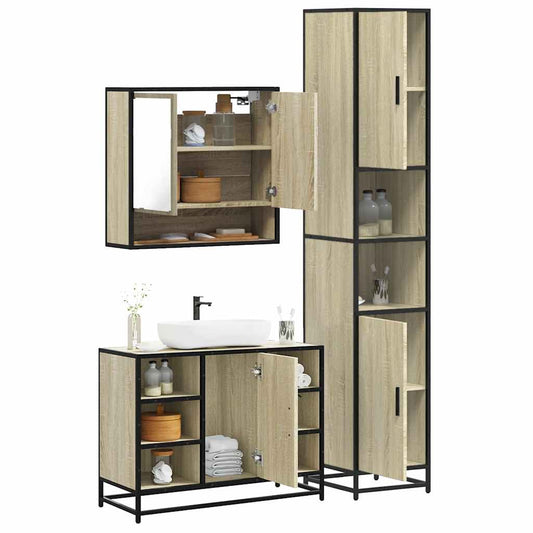 3-delige Badkamermeubelset bewerkt hout sonoma eikenkleurig is nu te koop bij PeponiXL, paradijselijk wonen!