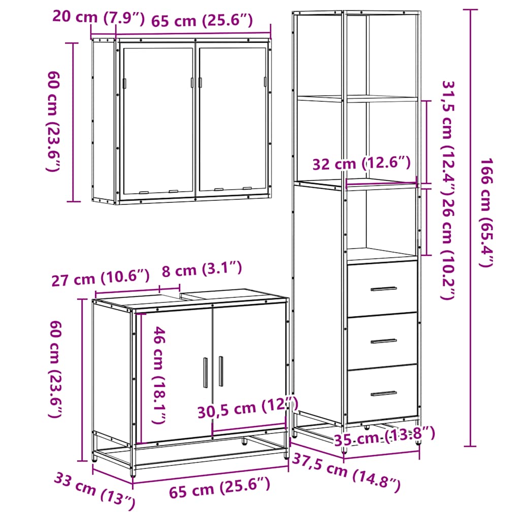 3-delige Badkamermeubelset bewerkt hout sonoma eikenkleurig is nu te koop bij PeponiXL, paradijselijk wonen!