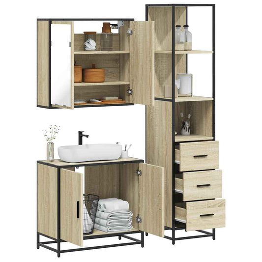 3-delige Badkamermeubelset bewerkt hout sonoma eikenkleurig is nu te koop bij PeponiXL, paradijselijk wonen!
