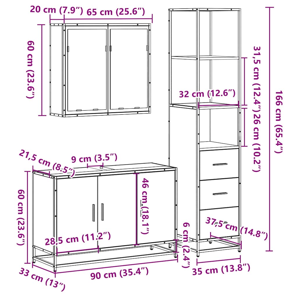 3-delige Badkamermeubelset bewerkt hout sonoma eikenkleurig is nu te koop bij PeponiXL, paradijselijk wonen!