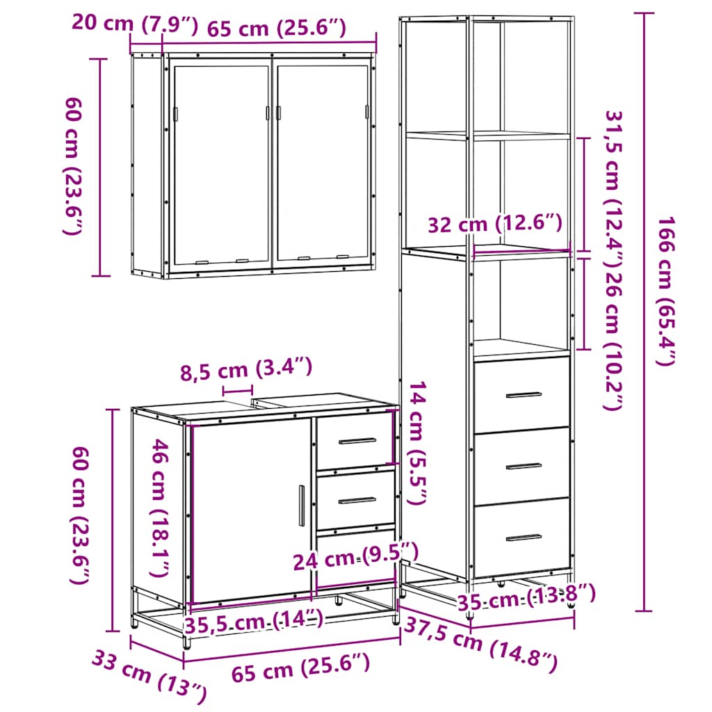 3-delige Badkamermeubelset bewerkt hout gerookt eikenkleurig is nu te koop bij PeponiXL, paradijselijk wonen!