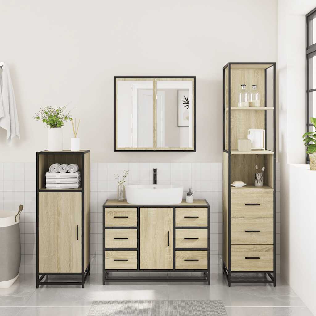 3-delige Badkamermeubelset bewerkt hout sonoma eikenkleurig is nu te koop bij PeponiXL, paradijselijk wonen!