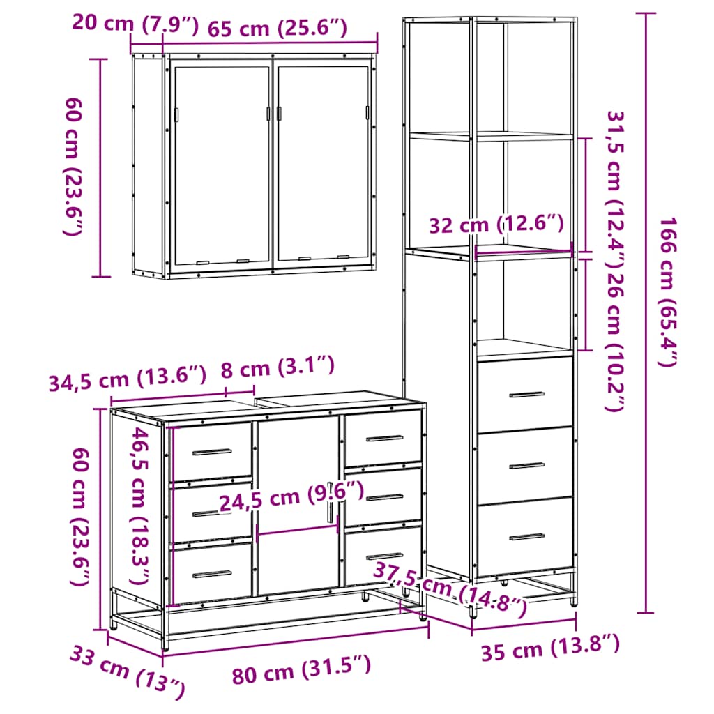 3-delige Badkamermeubelset bewerkt hout gerookt eikenkleurig is nu te koop bij PeponiXL, paradijselijk wonen!