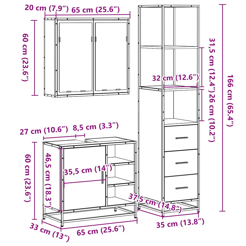 3-delige Badkamermeubelset bewerkt hout sonoma eikenkleurig is nu te koop bij PeponiXL, paradijselijk wonen!