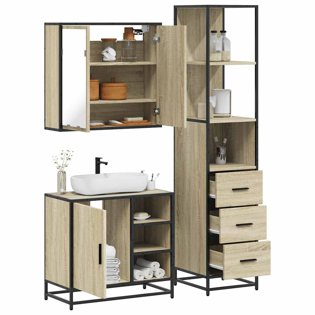 3-delige Badkamermeubelset bewerkt hout sonoma eikenkleurig is nu te koop bij PeponiXL, paradijselijk wonen!