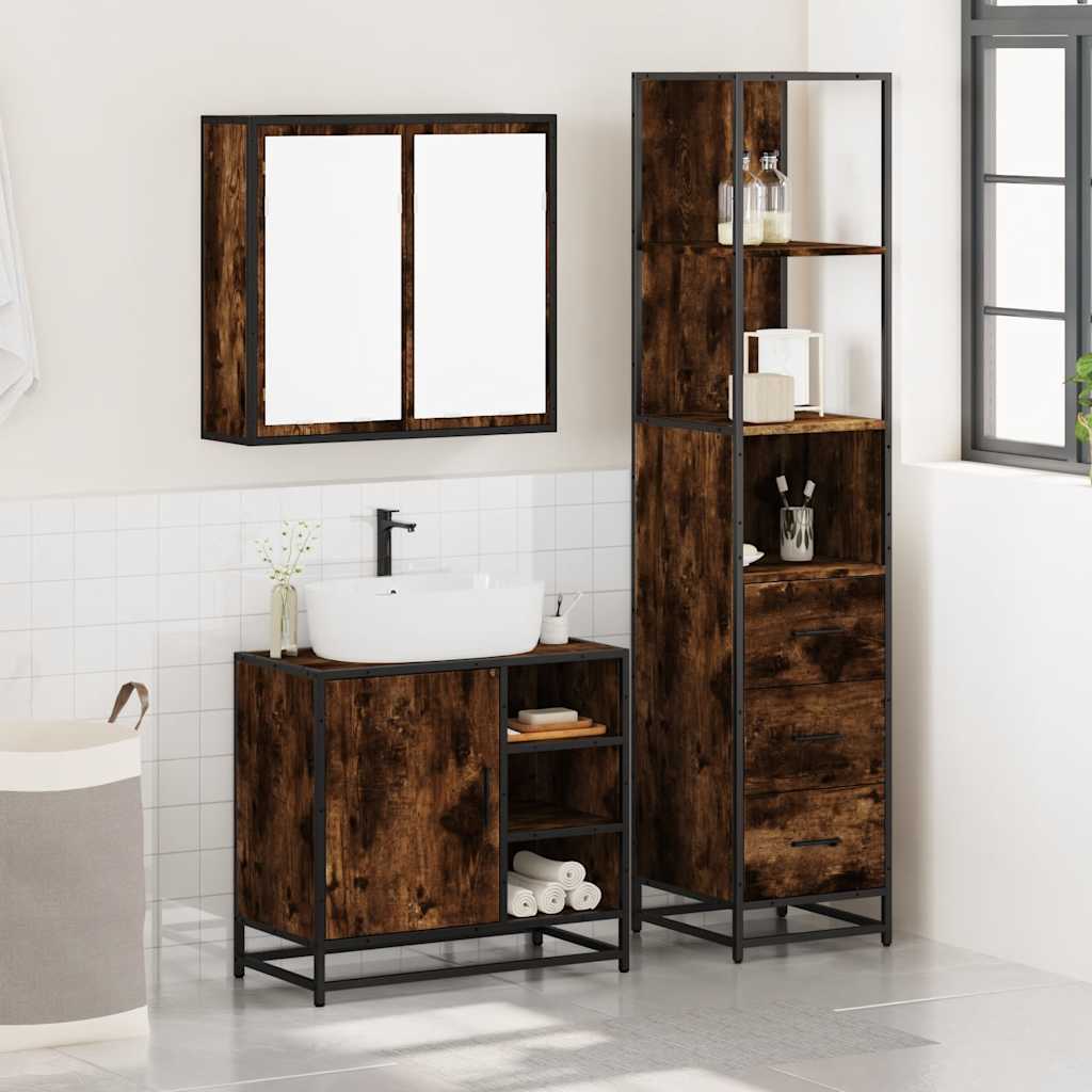 3-delige Badkamermeubelset bewerkt hout gerookt eikenkleurig is nu te koop bij PeponiXL, paradijselijk wonen!