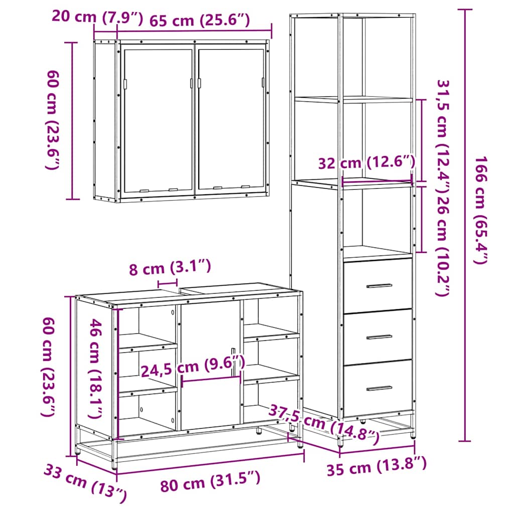 3-delige Badkamermeubelset bewerkt hout sonoma eikenkleurig is nu te koop bij PeponiXL, paradijselijk wonen!