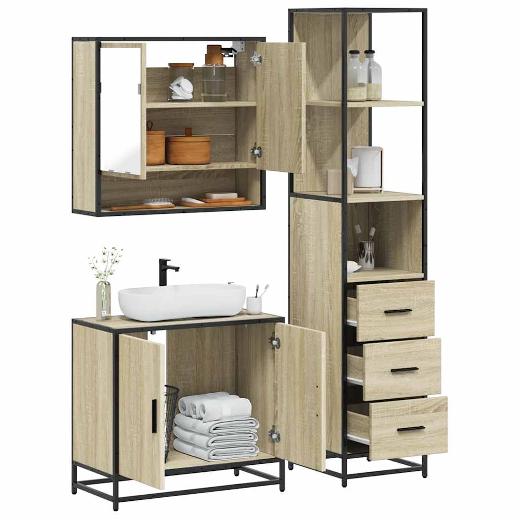 3-delige Badkamermeubelset bewerkt hout sonoma eikenkleurig is nu te koop bij PeponiXL, paradijselijk wonen!
