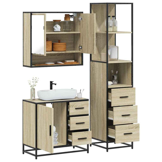 3-delige Badkamermeubelset bewerkt hout sonoma eikenkleurig is nu te koop bij PeponiXL, paradijselijk wonen!