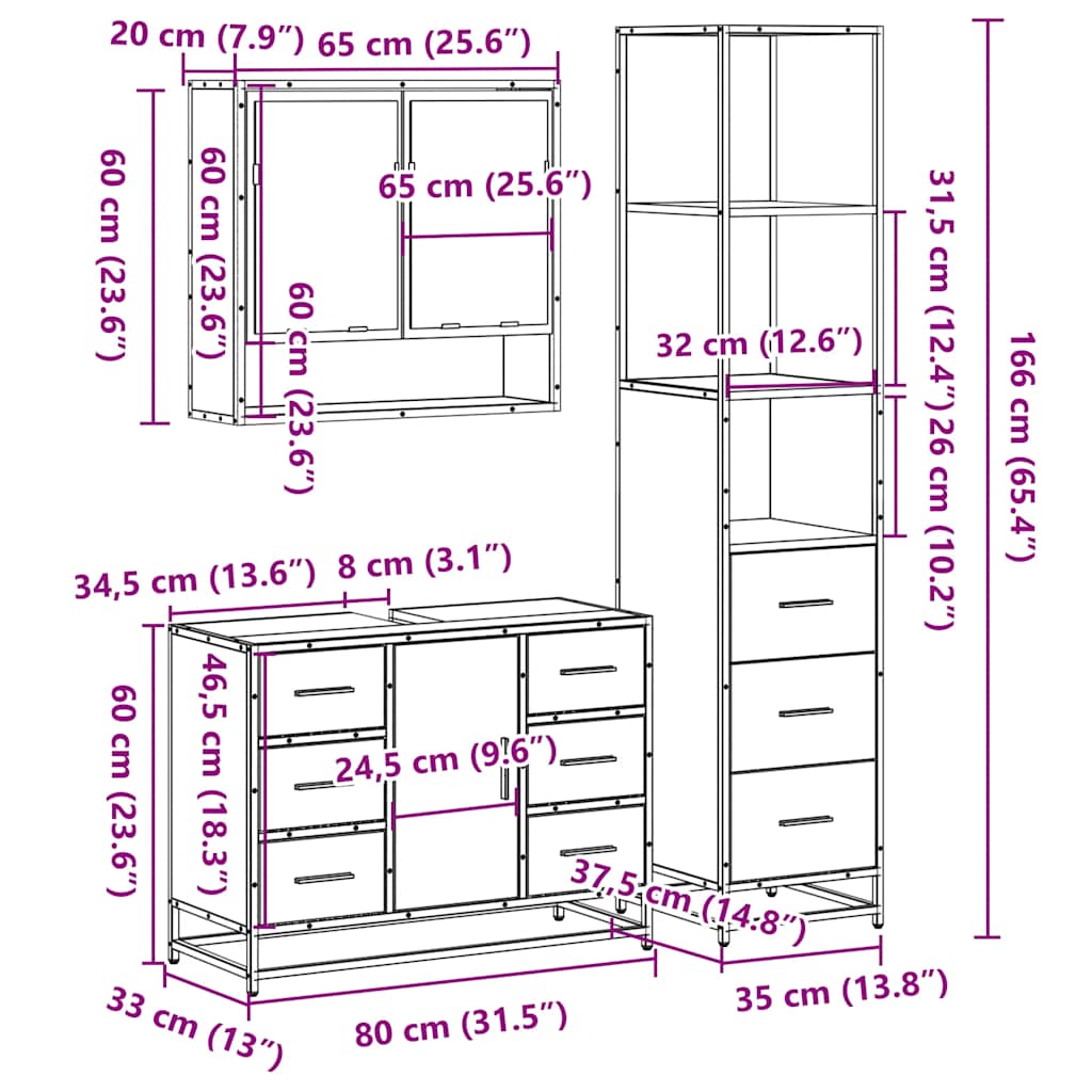 3-delige Badkamermeubelset bewerkt hout sonoma eikenkleurig is nu te koop bij PeponiXL, paradijselijk wonen!