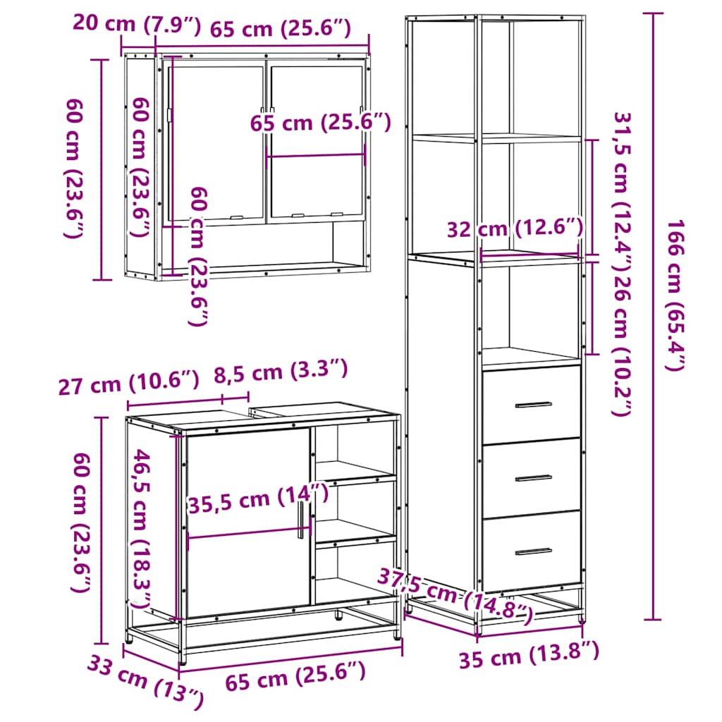 3-delige Badkamermeubelset bewerkt hout sonoma eikenkleurig is nu te koop bij PeponiXL, paradijselijk wonen!