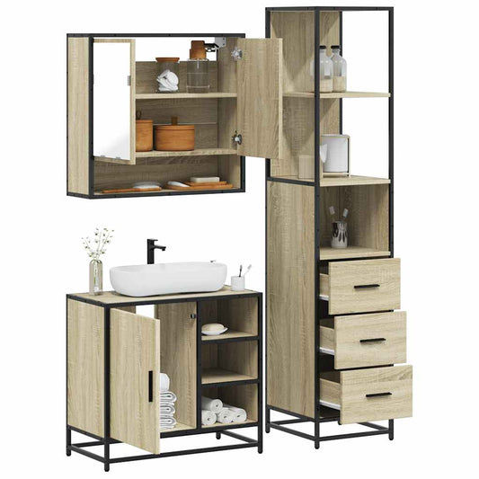 3-delige Badkamermeubelset bewerkt hout sonoma eikenkleurig is nu te koop bij PeponiXL, paradijselijk wonen!