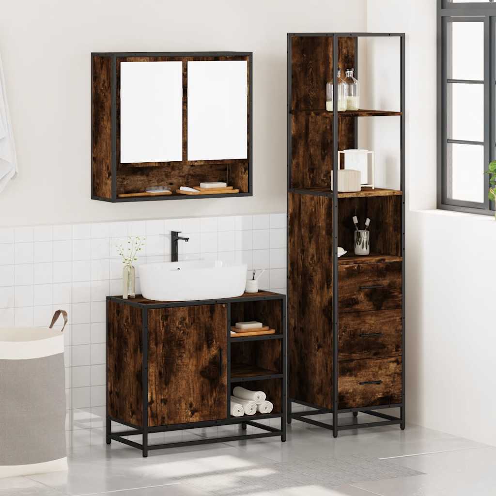 3-delige Badkamermeubelset bewerkt hout gerookt eikenkleurig is nu te koop bij PeponiXL, paradijselijk wonen!