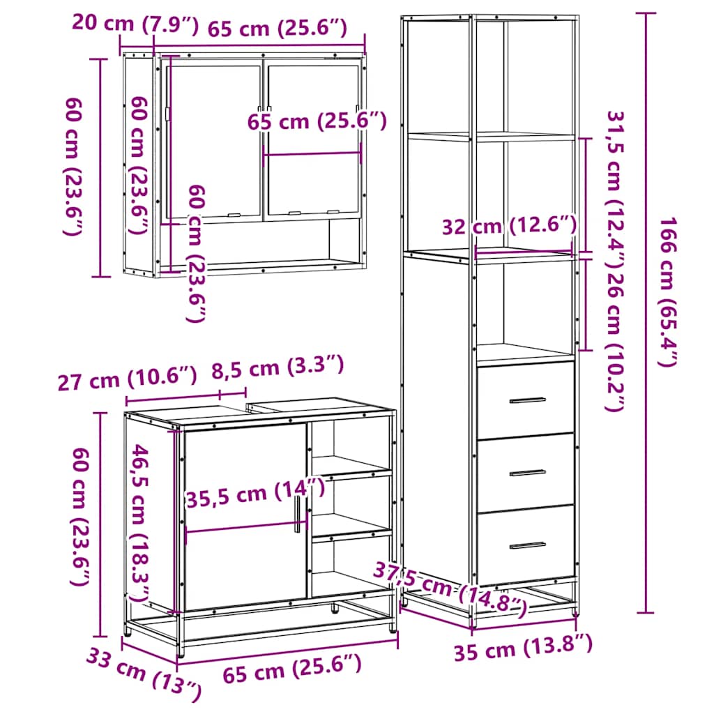 3-delige Badkamermeubelset bewerkt hout gerookt eikenkleurig is nu te koop bij PeponiXL, paradijselijk wonen!