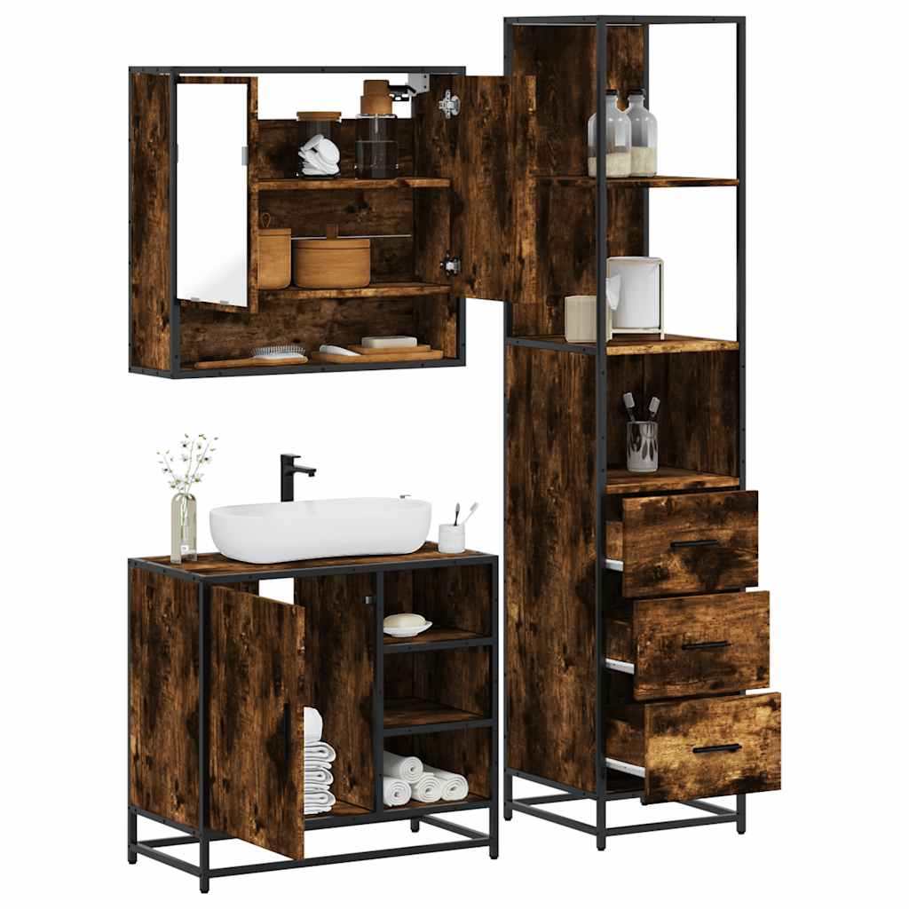 3-delige Badkamermeubelset bewerkt hout gerookt eikenkleurig is nu te koop bij PeponiXL, paradijselijk wonen!