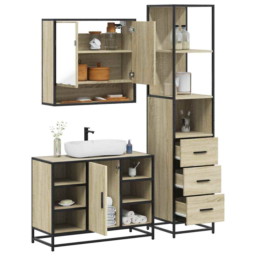 3-delige Badkamermeubelset bewerkt hout sonoma eikenkleurig is nu te koop bij PeponiXL, paradijselijk wonen!
