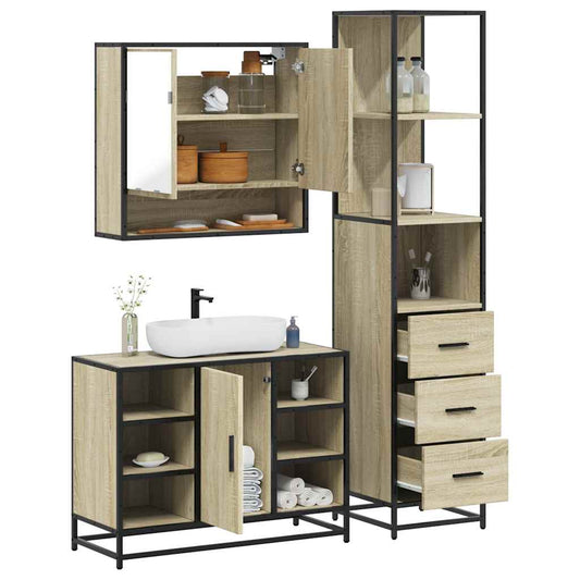 3-delige Badkamermeubelset bewerkt hout sonoma eikenkleurig is nu te koop bij PeponiXL, paradijselijk wonen!