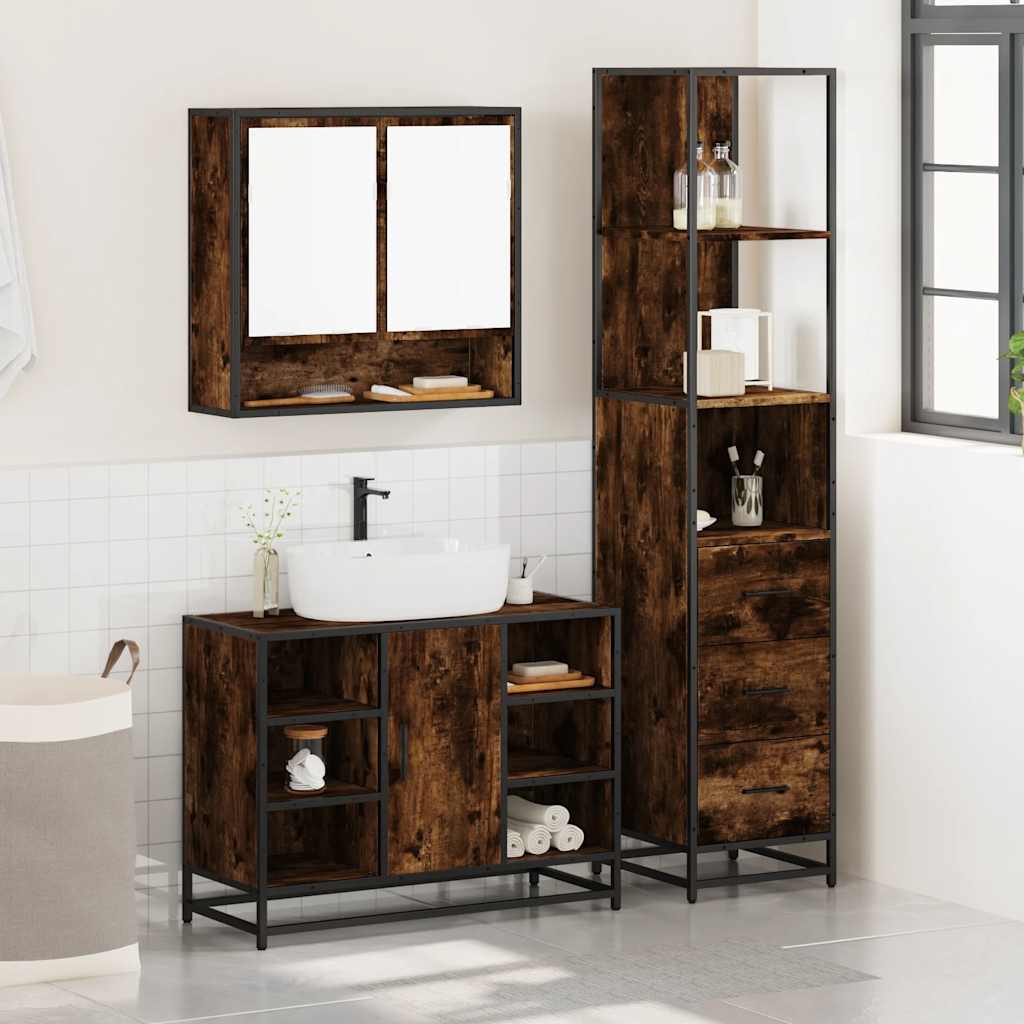 3-delige Badkamermeubelset bewerkt hout gerookt eikenkleurig is nu te koop bij PeponiXL, paradijselijk wonen!