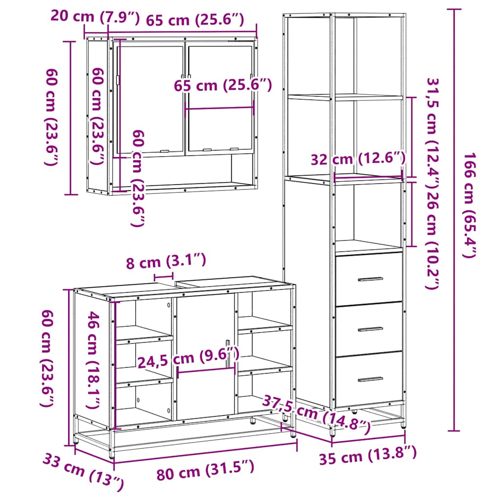 3-delige Badkamermeubelset bewerkt hout gerookt eikenkleurig is nu te koop bij PeponiXL, paradijselijk wonen!
