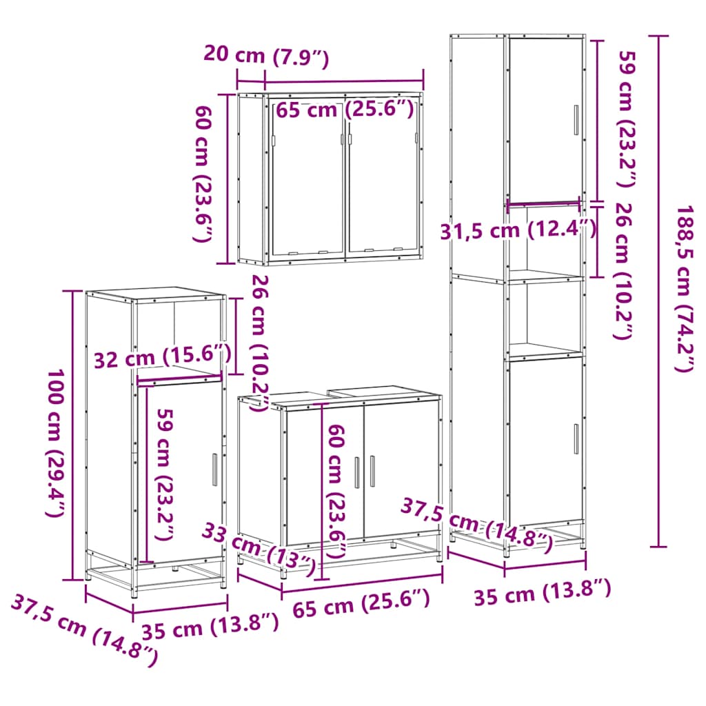 4-delige Badkamermeubelset bewerkt hout gerookt eikenkleurig is nu te koop bij PeponiXL, paradijselijk wonen!