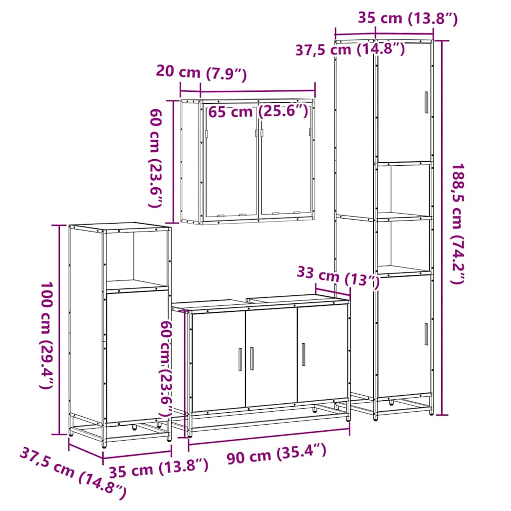 4-delige Badkamermeubelset bewerkt hout sonoma eikenkleurig is nu te koop bij PeponiXL, paradijselijk wonen!