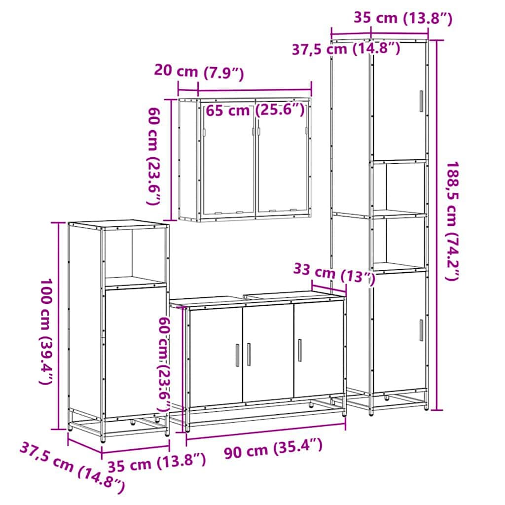 4-delige Badkamermeubelset bewerkt hout gerookt eikenkleurig is nu te koop bij PeponiXL, paradijselijk wonen!
