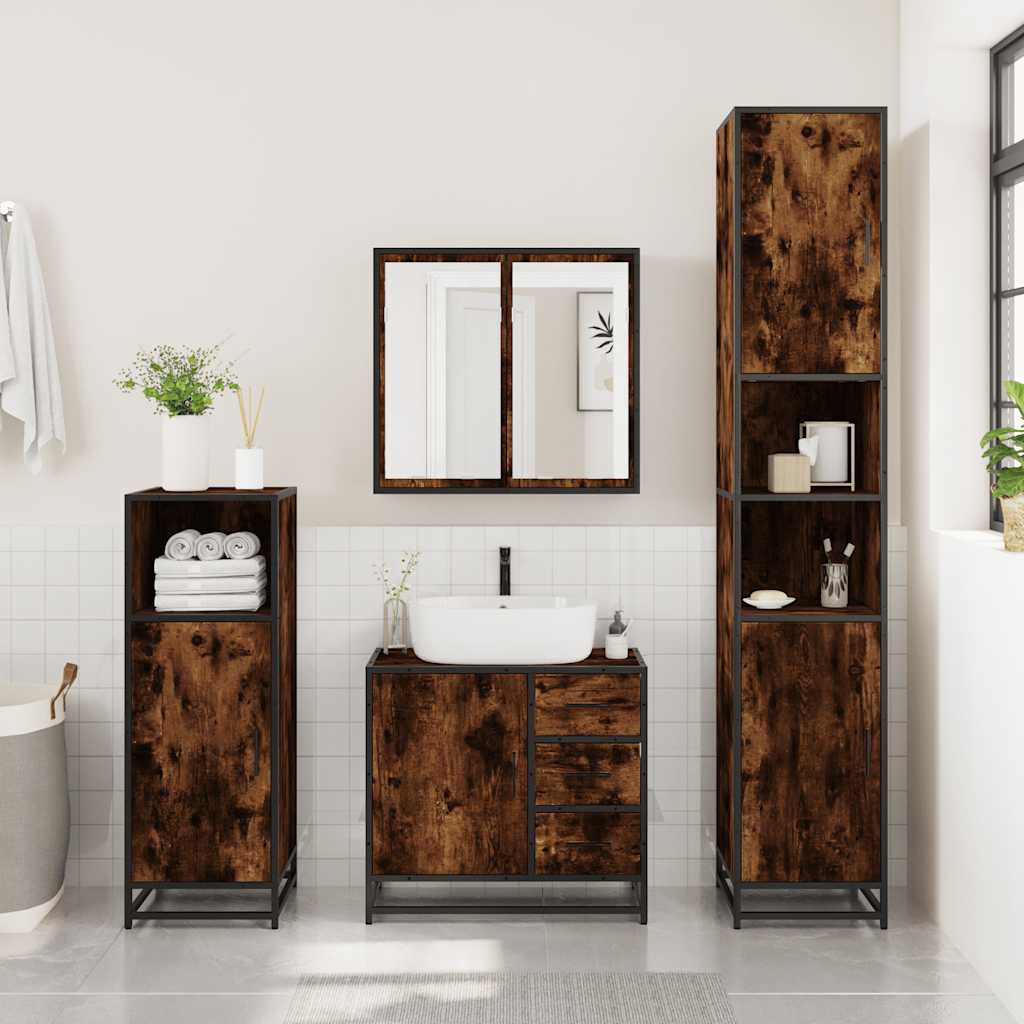 4-delige Badkamermeubelset bewerkt hout gerookt eikenkleurig is nu te koop bij PeponiXL, paradijselijk wonen!